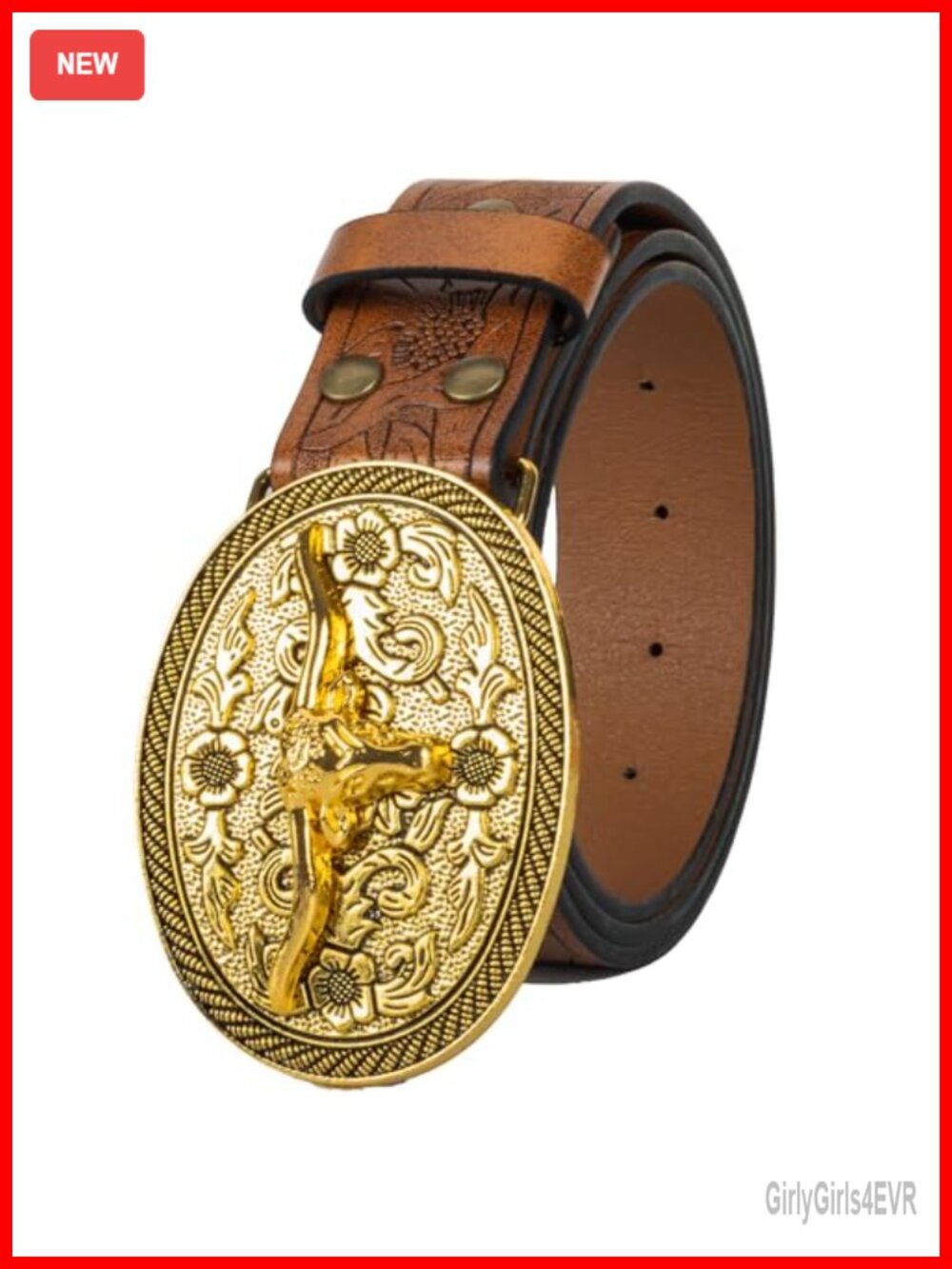 Western Cowboy PU Leather Belt Floral Engraved Adjustable Buckle